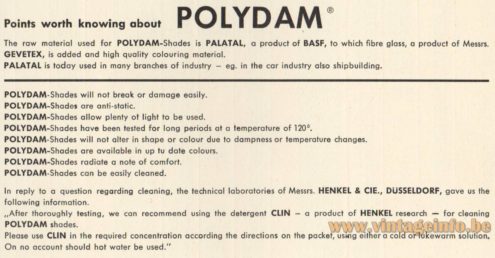 1950s fibreglass tripod floor lamp Polydam fibreglass material explanation in the 1950s Dame & Co catalogue picture