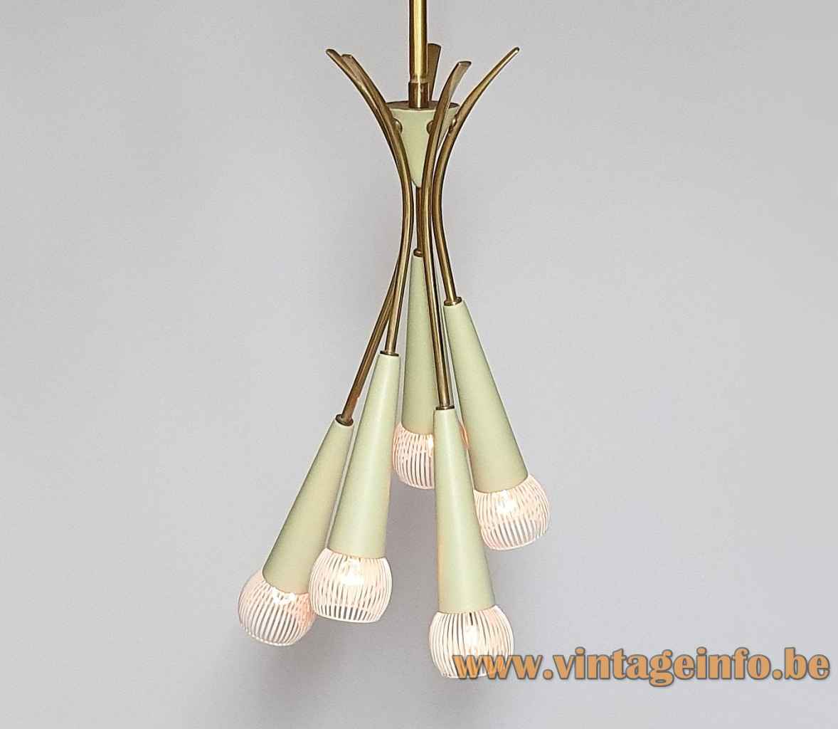 1950s Sputnik cluster chandelier conical tubes brass rods round ribbed lampshades 1960s Germany E14 sockets