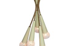 1950s Sputnik cluster chandelier conical tubes brass rods round ribbed lampshades 1960s Germany E14 sockets