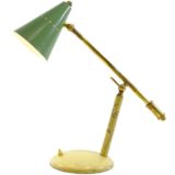 1950s Stilux desk lamp round metal base adjustable brass rods green conical lampshade 1960s Milan Italy