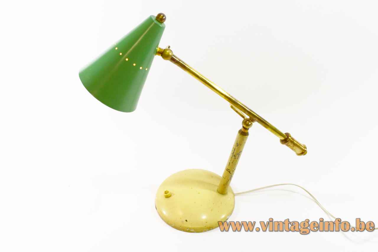 1950s Stilux desk lamp round metal base adjustable brass rods green conical lampshade 1960s Milan Italy