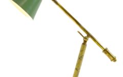 1950s Stilux desk lamp round metal base adjustable brass rods green conical lampshade 1960s Milan Italy