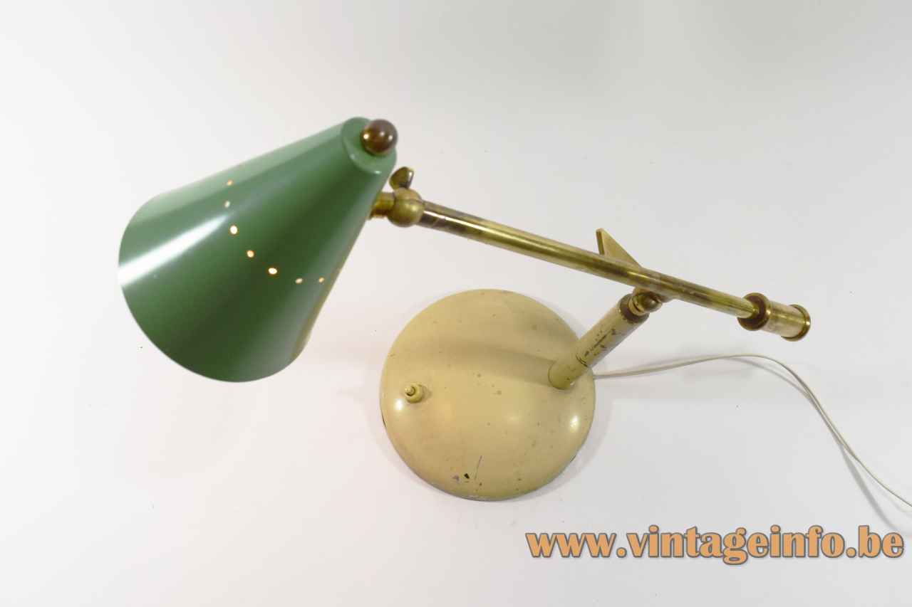 1950s Stilux desk lamp round metal base adjustable brass rods green conical lampshade 1960s Milan Italy