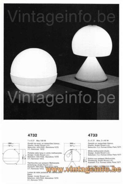 André Ricard Metalarte globe table lamp model 4732 & 4733 1973 catalogue picture