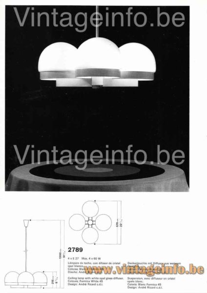 André Ricard Metalarte wall lamp 1973 catalogue picture chandelier version model 2789
