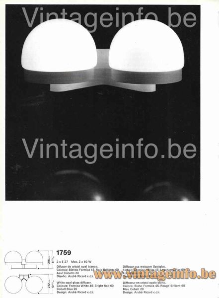 André Ricard Metalarte wall lamp 1973 catalogue picture model: 1759