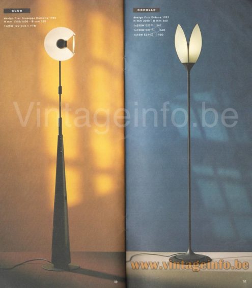 Arteluce Corolle floor lamp 1994 catalogue picture 1991 design: Ezio Didone + Club floor lamp 1983 design: Pier Giuseppe Ramella