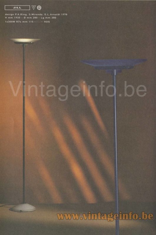 Arteluce Jill Floor Lamp – 1994 Catalogue Picture – 1978 Design, Perry King, Santaingo Miranda, Gianluigi Arnaldi Arteluce Jill floor lamp 1994 catalogue picture white & blue model 1 x 300 watt halogen bulb dimensions + desigeners: King, Miranda & Arnaldi