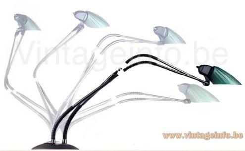 Arteluce Tango desk lamp 1993 catalogue picture 1989 design: Stephan Copeland round base & 2 flexible stems, lampshade in a few colours