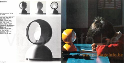 Artemide Eclisse table lamp 1976 catalogue picture 1967 design: Vico Magistretti round black plastic base adjustable yellow & white lampshade