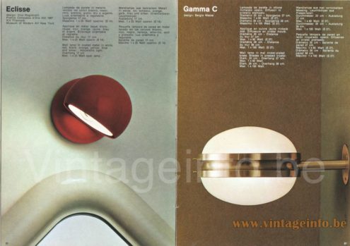 Artemide Eclisse table lamp & wall lamp 1973 catalogue picture 1965 design: Vico Magistretti + Gamma C wall lamp designed by Sergio Mazza