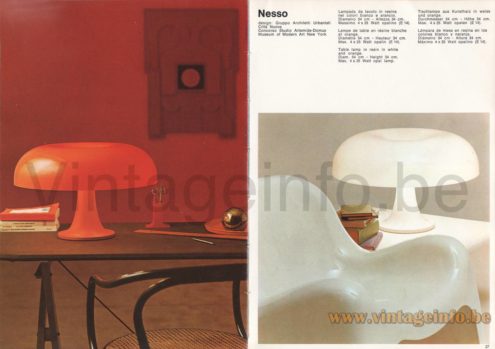 Artemide Nesso table lamp 1973 catalogue picture 1965 design Giancarlo Mattioli white & orange plastic mushroom lampshade