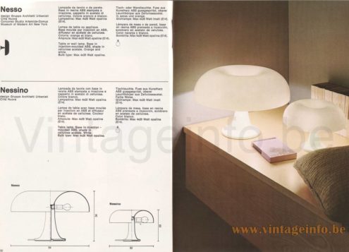 Artemide Nesso table lamp 1976 catalogue picture plastic mushroom lampshade + scheme & dimensions 1965 design Giancarlo Mattioli