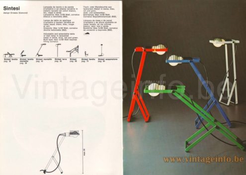 Artemide Sintesi Pinza clamp lamp 1976 catalogue picture model: Sintesi + scheme & dimensions & colours