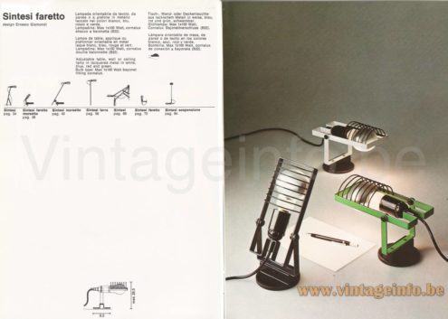 Artemide Sintesi Pinza clamp lamp 1976 catalogue picture model: Sintesi Faretto small table lamp + scheme & dimensions & colours