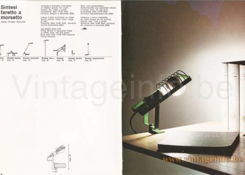 Artemide Sintesi Pinza clamp lamp 1976 catalogue picture model: Sintesi faretto a Morsetto small table screw lamp + scheme, dimensions, colours