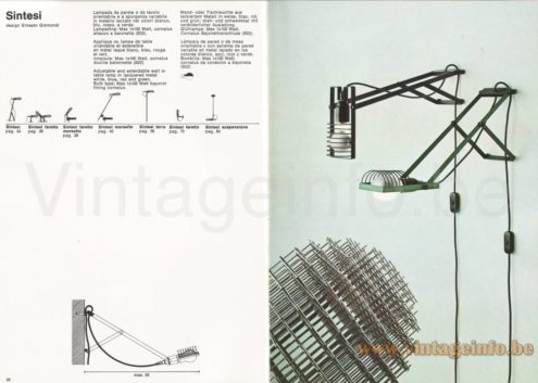 Artemide Sintesi Pinza clamp lamp 1976 catalogue picture Model: Sintesi table lamp + scheme & dimensions & colours