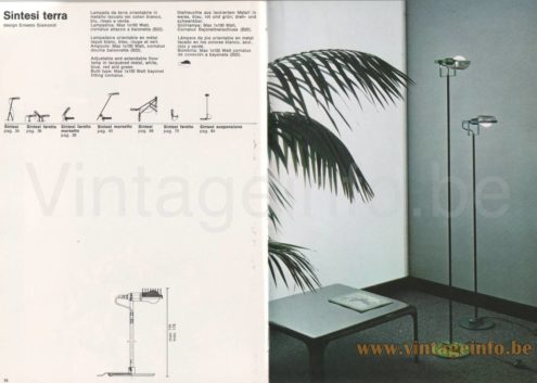 Artemide Sintesi Pinza clamp lamp 1976 catalogue picture model: Sintesi Terra floor lamp + scheme & dimensions & colours