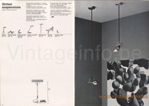 Artemide Sintesi Pinza clamp lamp 1976 catalogue picture model: Sintesi Sospensione ceiling lamp + scheme & dimensions & colours