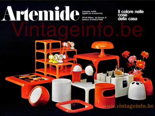 Artemide Telegono table lamp 1960s add company icons: Eclisse, Nesso, Pallade & tables Vico Magistretti design + Bacco & umbrella stand