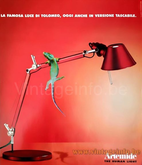 Artemide Tolomeo wall lamp year 2000 Artemide Tolomeo desk lamp advertisement publicity for the red anodised chameleon version