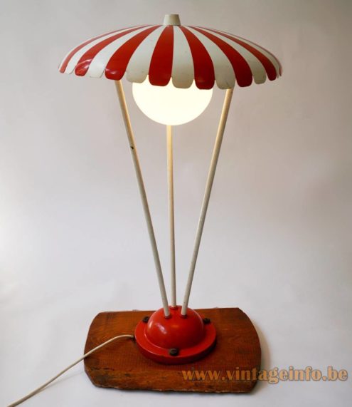 BEGA garden lamps Expo 58 Brussels – Parasol Version BEGA garden lamps Expo 58 Brussels parasol version of this outdoor lamp in red and white mounted on wood 1950s design Germany