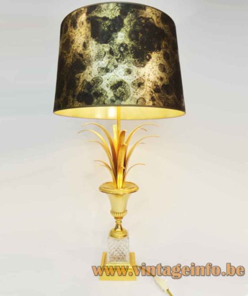 Boulanger brass & crystal glass table lamp square base reed & palm leafs round lampshade 1970s 1980s Belgium 