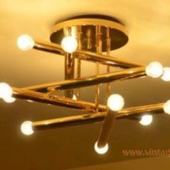 Boulanger chrome tubes ceiling lamp round metal ceiling plate 6 criss-cross tubes brass version 