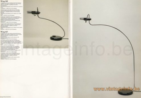 Bruno Gecchelin Wing Desk Lamp – 1978 Catalogue Picture – Wing 509 & Wing 627 Bruno Gecchelin Wing desk lamp 1978 catalogue picture Wing 509 desk lamp & Wing 627 floor lamp black base curved rod elongated lampshade