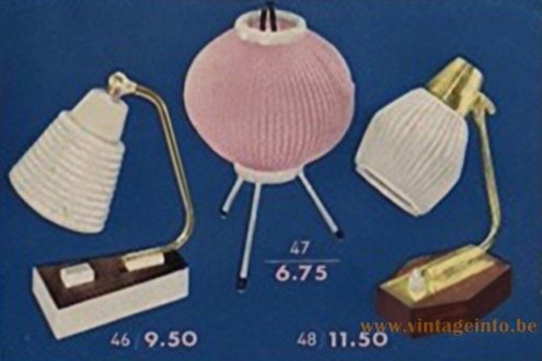 Celluloïd globe tripod table lamp 1960s HEKA catalogue picture small bedside table lamps 3 models Germany