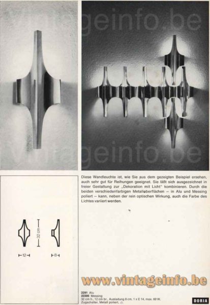 DORIA aluminium wall lamp 1970s catalogue picture model 2291: alu model 22208 brass 