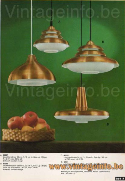 DORIA copper pendant lamp 1970s catalogue picture models: 63037 63039 60105 6263 Germany