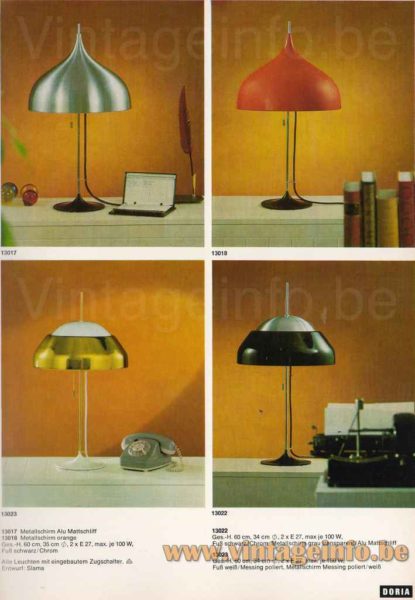 DORIA mushroom table lamp 1970s catalogue picture models: 13017 13018 13022 13023 design: Klaus Slama