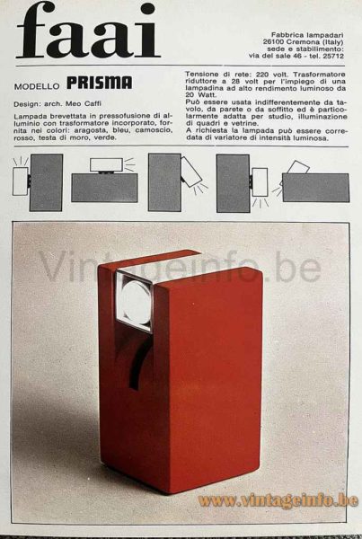 F.A.A.I. Arredo Table Lamps Design: Meo Caffi 1971 Publicity