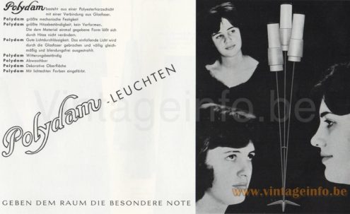 Fibreglass Triple Rocket Floor Lamp – 1950s Dame & Co Catalogue Picture Fibreglass triple rocket floor lamp 1950s catalogue picture tripod base women's faces & text with summary of the qualities of the Polydam