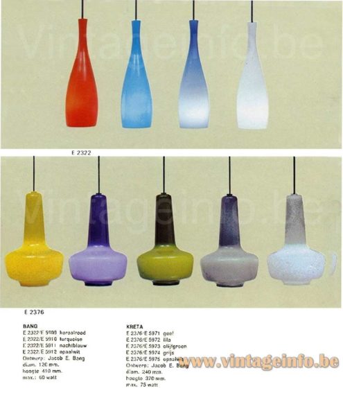 Fog & Mørup Bang pendant lamp 1960s catalogue picture + Kreta pendant lamp design: Jacob Eiler Bang, Denmark