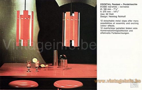 Fog & Mørup Cocktail pendant lamp 1970s catalogue picture design: Henning Rehhof 12 aluminium slats lampshade in orange & white