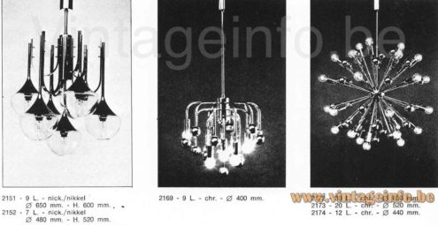 Gaetano Sciolari trumpet chandelier 1970s catalogue picture models: 2151 2152 2169 2172 2173 2174 Boulanger