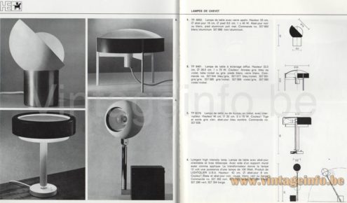 Half globe display table lamp 1960s Hiemstra Evolux French catalogue picture table lamp models: TP 8952, TP 8461, TP 8079, Lytegem Ligholier 