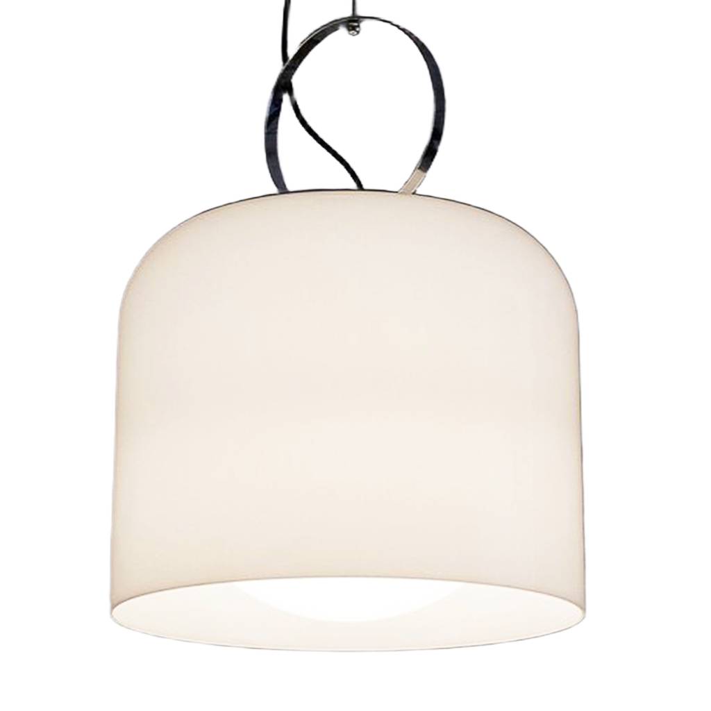 Harvey Guzzini Alvise pendant lamp 1966 design: Luigi Massoni white acrylic bell shaped lampshade big chrome ring on top 1960s 1970s