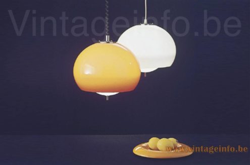 Harvey Guzzini Burgos Pendant Lamp – 1968 Catalogue Picture Harvey Guzzini Burgos pendant lamp 1968 catalogue picture pair with white & brown acrylic lampshades