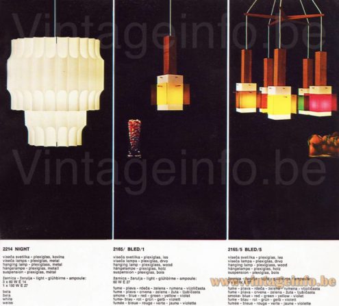 Harvey Guzzini Marconi pendant lamp 1968 Meblo catalogue picture models: Teulada (Night) + Bled: Marconi 1960s 1970s acrylic pendant lamps
