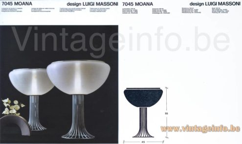 Harvey Guzzini Moana Table Lamp – 1974 DH Design House Catalogue Picture Harvey Guzzini Moana table lamp 1974 catalogue picture 1967 design: LuigI Massoni round chrome wire base brushed clear acrylic lampshade