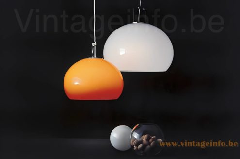 Harvey Guzzini Zurigo pendant lamp 1970s catalogue picture small orange & big white acrylic versions desing: Luigi Massoni Italy