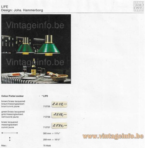 Jo Hammerborg Life pendant lamp 1970s catalogue picture models: 712755, 172756, 712757, 75 watt 30 cm & 25,8 cm