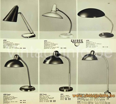 Kaiser Idell Desk Lamp model 6556, 6769, 6753, 6782, 6556, 6561, 6739, 6740 - 1956 Catalogue Picture