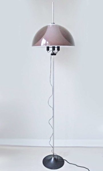 Martinelli Luce floor lamp black round base chrome rod translucent purple acrylic lampshade 1960s Design 