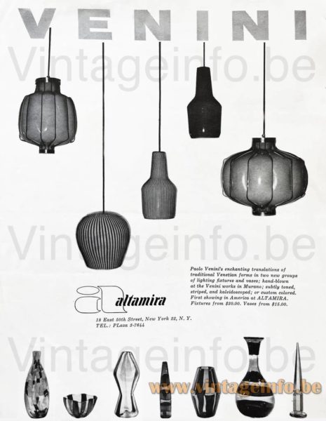 Massimo Vignelli Venini Pendant Lamps – 1960s Altamira USA Catalogue Picture Massimo Vignelli Venini pendant lamps 1960s Altamira USA catalogue picture several models and Murano glass vases