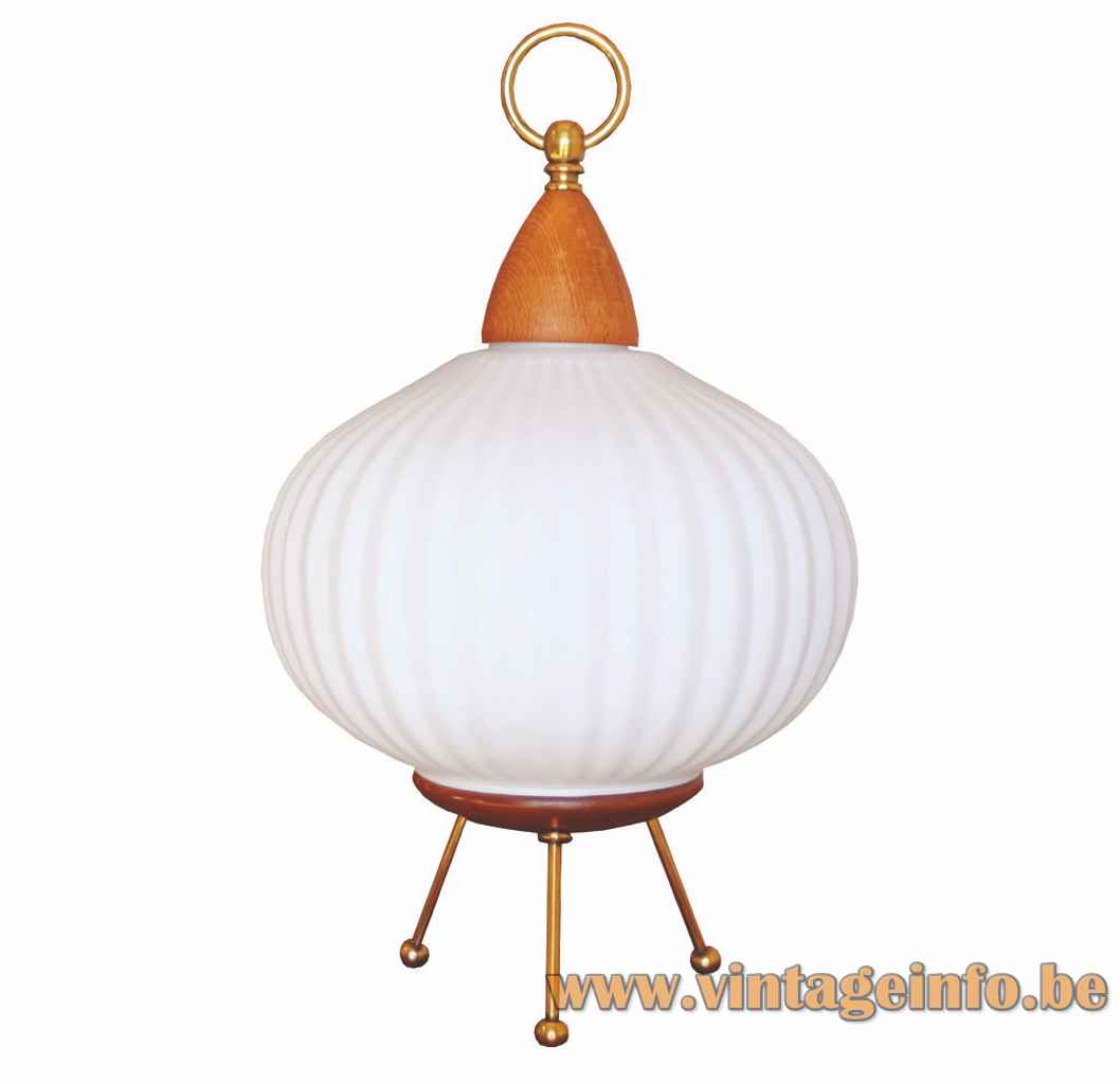 Massive tripod table lamp brass legs wood base ribbed white opal glass lampshade 1950s 1960s Belgium