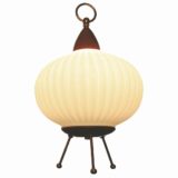 Massive tripod table lamp brass legs wood base ribbed white opal glass lampshade 1950s 1960s Belgium